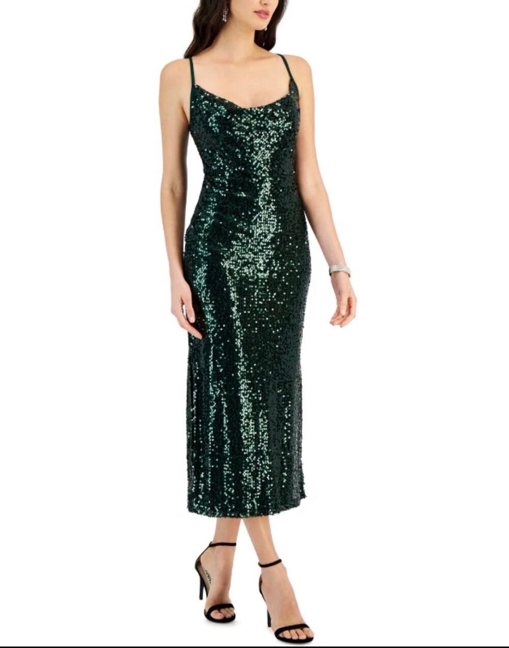 Taylor women’s Emerald Green Draped Neckline Sequin Midi Dress NWT (size 14)